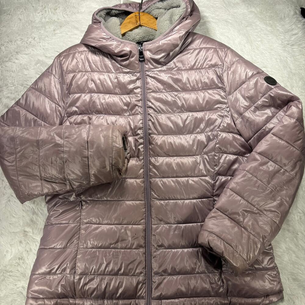 Andrew Marc Metallic Mauve Puffer Jacket Faux Fur Lined Hooded Quilted Coat L